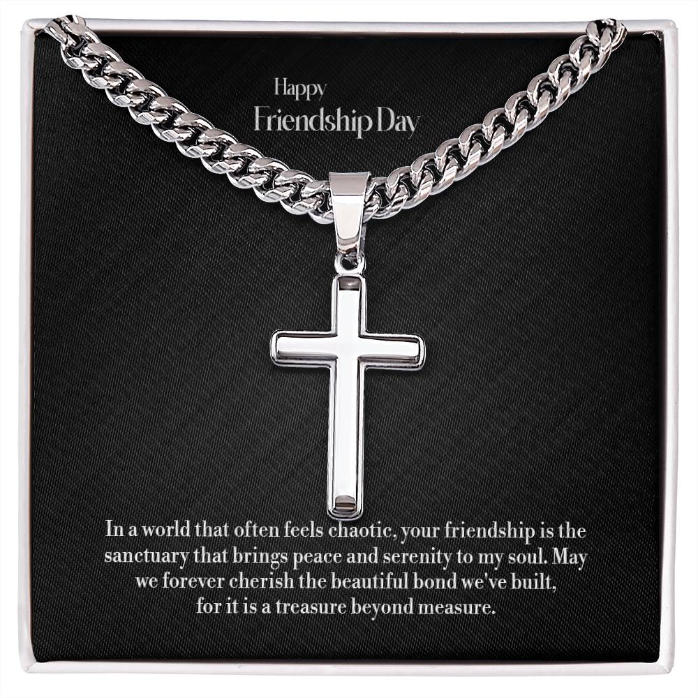 Artisan Cross Necklace, Cuban Chain with MC, Religious Pendant Jewelry, Handcrafted Statement Piece - For Friendship Day